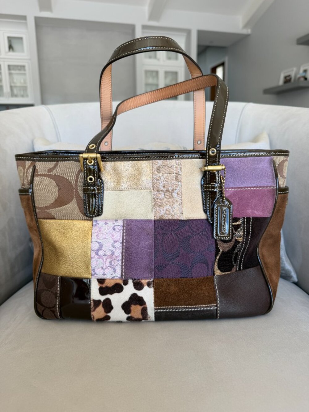 RARE Vintage Coach Patchwork Hamptons Tote Purple Leopard (Style: 9499)